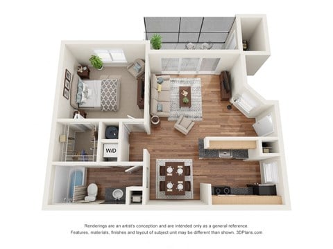Floor plan for 1 bed, 1 bath, 590 sqft